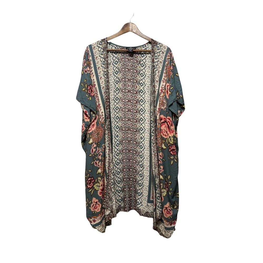 Angie Kimono Wrap Women Medium Teal Floral Geometric Boho Open Front Excellent